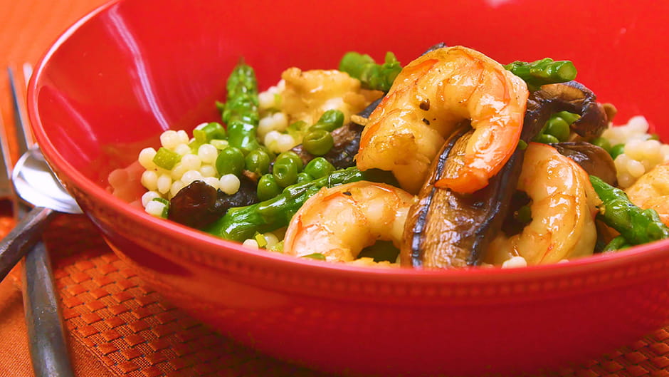 Shrimp Mushrooms and Asparagus Stir Fry with Couscous