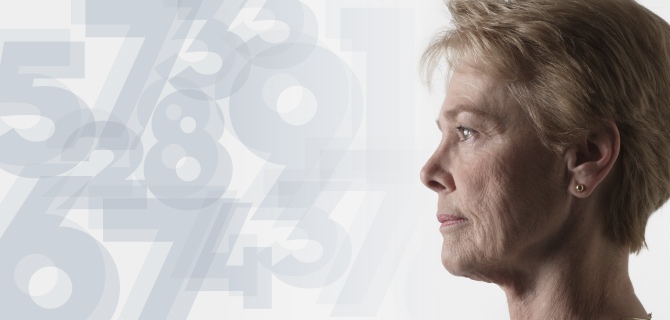Older woman in profile with number graphics