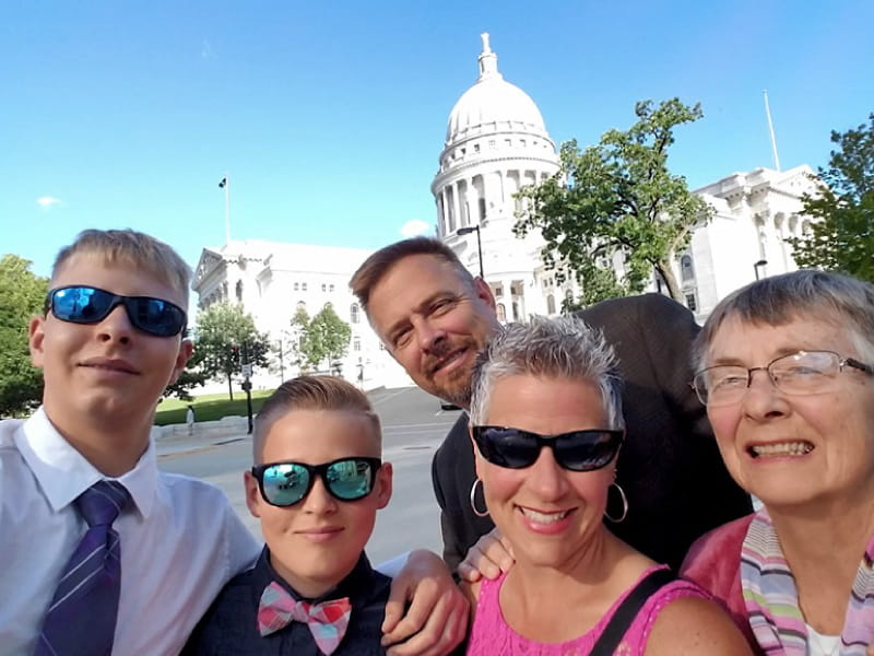 Carl and his sons inherited high cholesterol from Carl's father, who died at 37. The Korfmacher family (left to right): Sons Henry and Owin; dad, Carl; mom, Krista; and Carl's mom, Louise. (Photo courtesy of Carl Korfmacher)