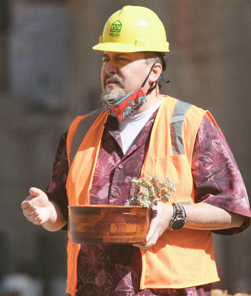 Chief Seattle Club executive director Derrick Belgarde gives thanks at a ground blessing ceremony for the housing complex “?ál?al” (the Lushootseed word for “home”). (Photo by Alicia Diamond)