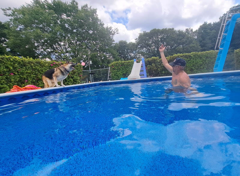 Barbara O'Connor's husband, John, enjoys their swimming pool with their dog. The O'Connors have Type 2 diabetes and the pool and dog keep them active. (Photo courtesy of Barbara O'Connor)