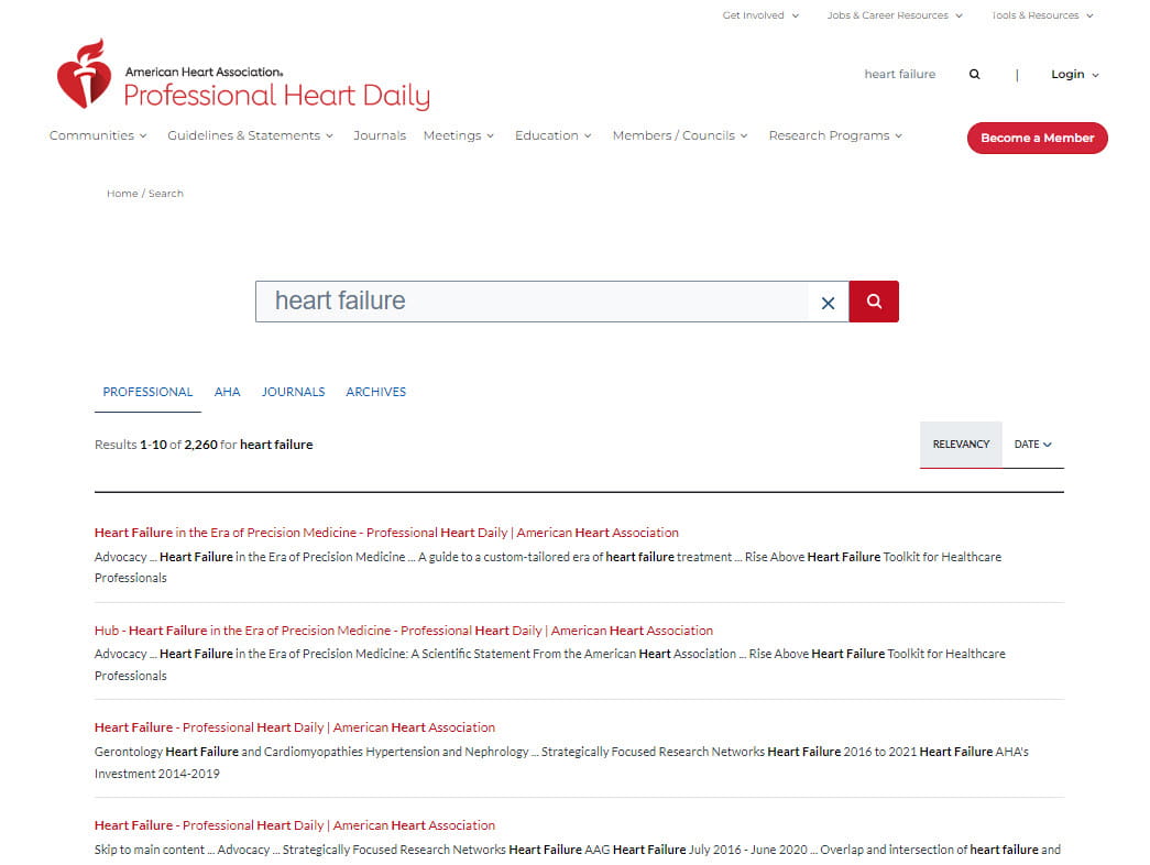 Featured search choices on professionalheartdaily.org