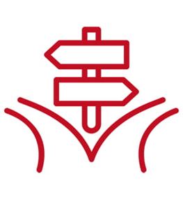 Icon of a road splitting in two directions with signs above pointing each way